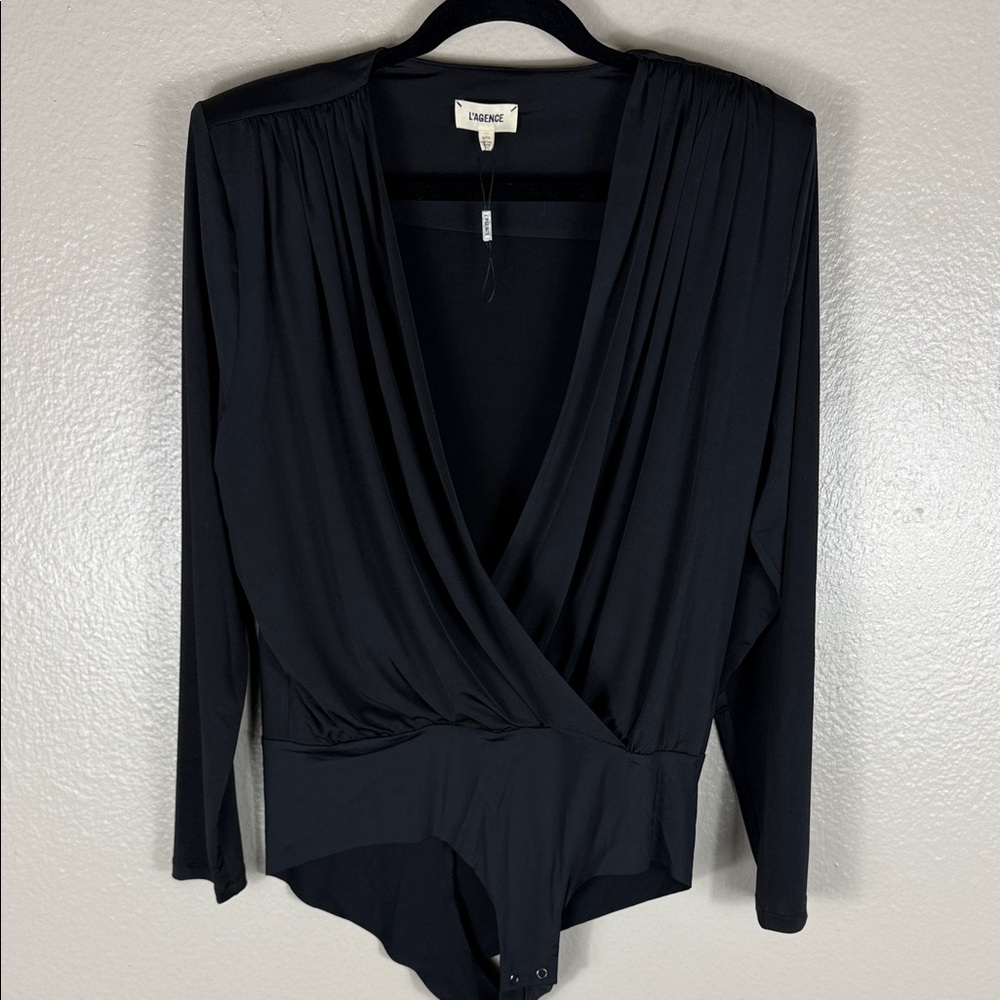 NWOT L'AGENCE Black Draped Wrap Long-Sleeve Bodysuit - Picture 5 of 9